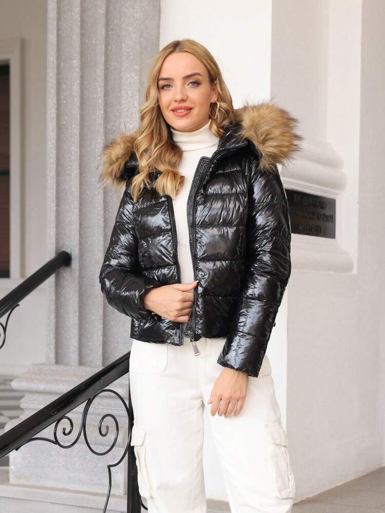 ZIAI Women's Casual Solid Shiny Winter Jacket, New Fashion Belted