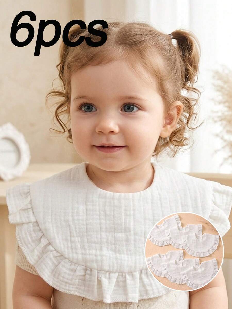 6 piezas Baberos de bebé de algodón puro con diseño de volantes y botones a presión para primavera/verano, baberos suaves y amigables con la piel para bebés, toallas multiusos adecuadas para uso diario en todas las estaciones - Multicolor - Ver 1