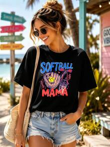 Softball Mama Graphic Tee. Quality Fabric, Crew Neck, Loose, Comfortable Fit, Art Print. - Black - View 1