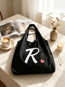 Pink Heart Letter A-Z Pattern Vest-Style Shoulder Bag, Women's Casual Canvas Tote Bag, Suitable For Vacation, Beach And Daily Life, Perfect Gift For Women, Mothers, Teachers, Friends And Bridesmaids, Large Capacity Bag, Students, Back To School Season, Portable Casual Storage Tote Bag, Multi-Functional Shopping Bag, Novel Design, Large Capacity, Ideal For Shopping, Shoulder Bag, Tote Bag, Lunch Bag, Lunch Box And More. - Multicolor - View 9