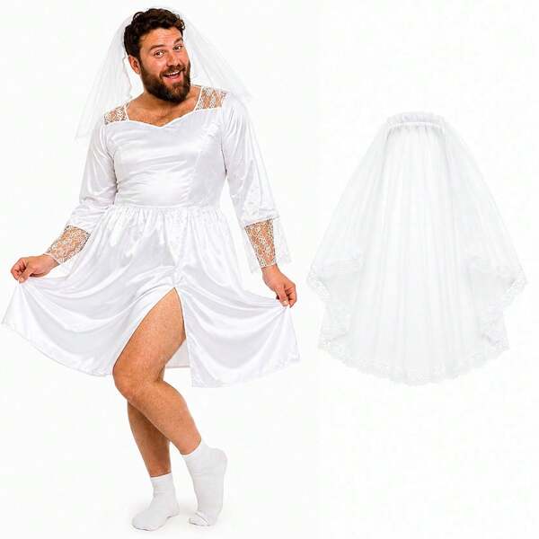 Mens Novelty White Wedding Dress Stag Bride Costume