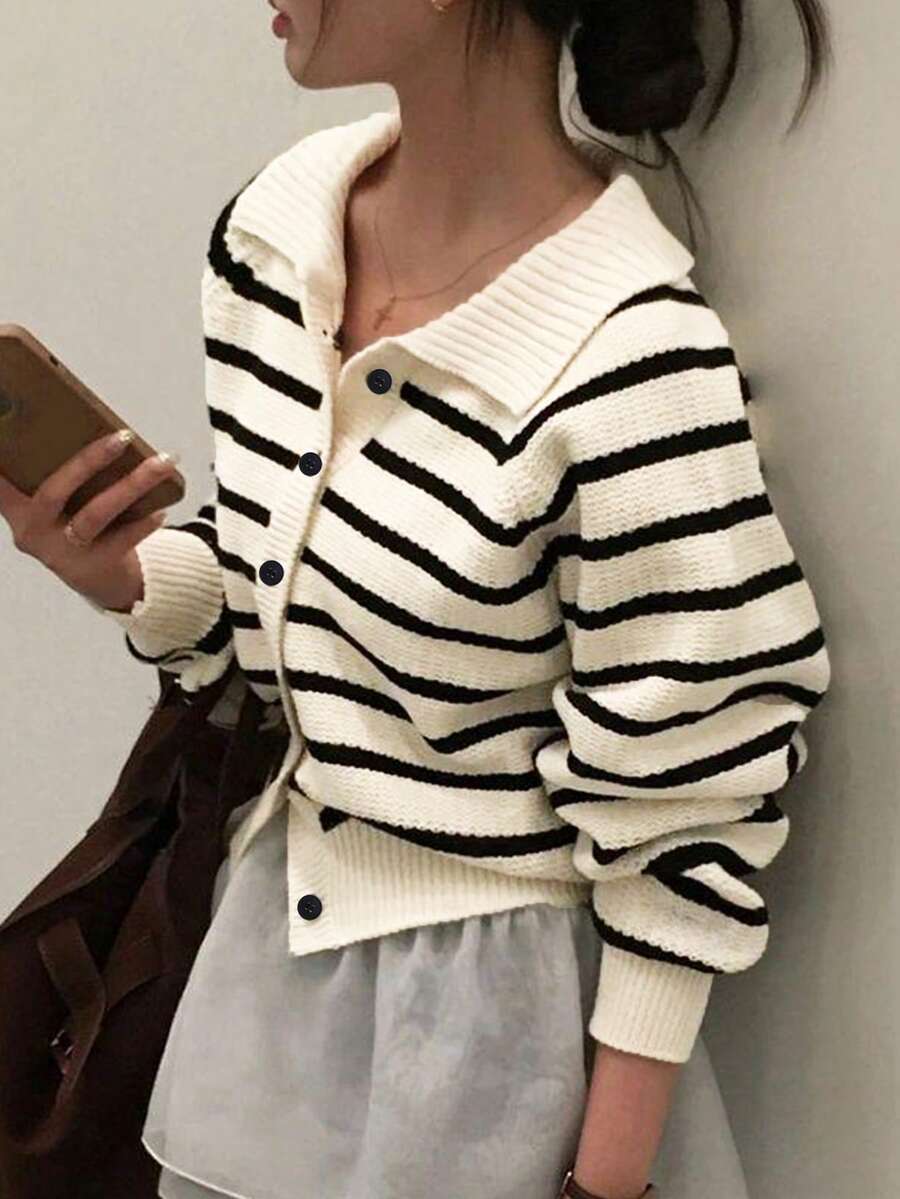 Women's Preppy Vintage Single-Breasted Lapel Striped Knit Cardigan Sweater Jacket, Versatile Casual Tops (Random Stripes) - Off White - View 1