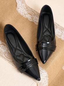 Pointed Toe Low Vamp Bow Flat Shoes, Delicate Satin Texture Soft And Premium Feel, Versatile Shoes - Deep Black - View 2
