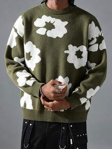 Retro Olive Green Flower Jacquard Knitted Sweater Round Neck Long Sleeved Casual Pullover For Both Men And Women - Olive Green - View 1