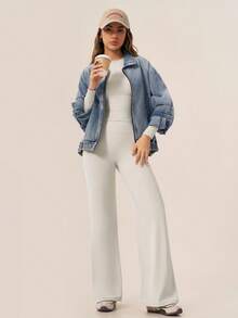 TimeOff Women's One Set Solid Color Round Neck Fitted Long Sleeve Top And High Waist Butt-Lifting Flared Pants - Apricot - View 9