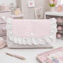 1pc Pink Plaid Lace Storage Bag, Compact Multi-Functional Organizer Bag With Flap. Perfect For Storing Coins, Cards, Notes, Pens And Small Items. Soft Fabric With Exquisite Lace Trim, Ideal For School, Office Organization, Travel - Multicolor - View 9