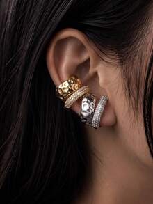 Punk Style Rhinestone Thick Round Clip-On Earrings, Gold Round Wire Texture Ear Clips, Chunky Ear Clips, Jewelry Gift - Diamond Earrings - View 11