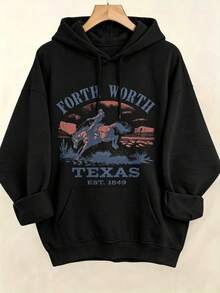 Women's Western Style Fort WorthTexasEST1849CowboyPatternHoodieSoftCrewNeckPulloverWith Cactus And Longhorn DesignComfortableCasualLongSleeve Sweater - Black2 - 查看 3