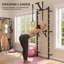 UNIONLINE Wall Mounted Swedish Ladder With Pull Up Bar & Gym Rings | Multi-Functional Home Physio Workout Station, Wall-Mounted Swedish Ladder Gym Equipment, Pull Up Bar And Wooden Rings - Black - View 2