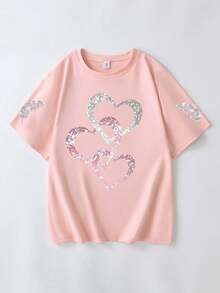 Silver Pink Heart Print Plus Size Short Sleeve Crew Neck Casual Top, Spring/Summer Women's Clothing - Pink - View 3