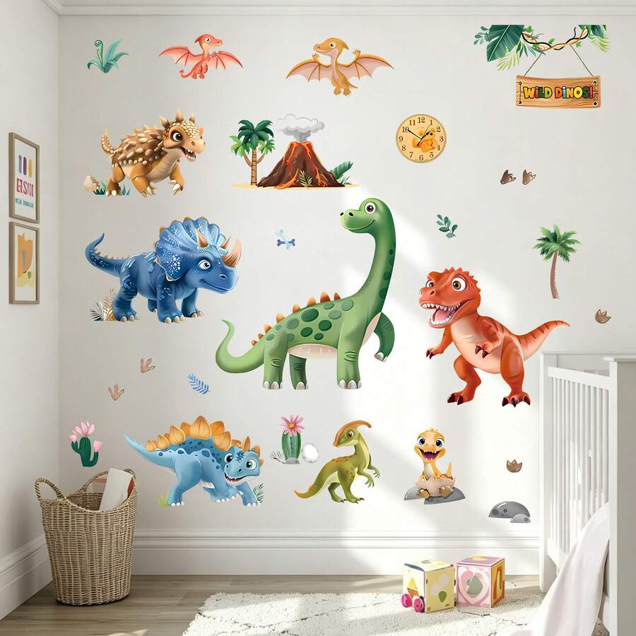 1pc Cartoon Jurassic Dinosaur Wall Sticker, Cute Dinosaur Decal For Kindergarten Children's Room Decoration - B - View 1