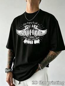 Men's Vintage Gothic Wing Letter Graphic Print Oversized Short Sleeve T-Shirt, Casual Loose Drop Shoulder Crew Neck Streetwear Tee, Comfortable Summer - Black - View 6