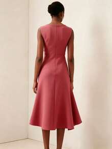 1pc Women's Solid Color Elegant Elegant Minimalist Sleeveless Round Neck Party Dress, Fashionable Casual Mid-Length Summer Dress Pink Wedding Fall - Pink - View 5