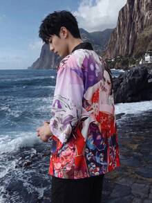 男士和服式開襟印花休閒襯衫，可機洗 - 紫色 - 查看 2