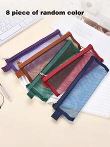 10pcs (Random Color) Semi-Transparent Mesh Zipper Pencil Case, Thickened Wear-Resistant Multi-Layer Mesh Stationery Bag, Simple Storage Bag, Stationery Bag, Back To School Season - A - View 9