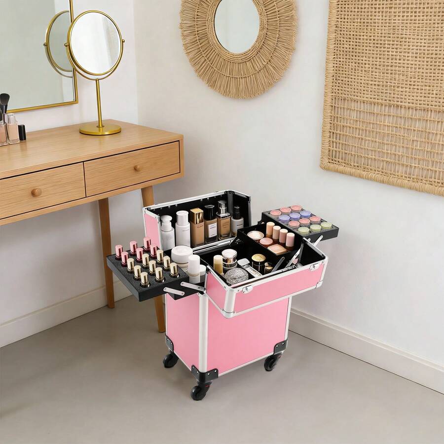 Pink Aluminum Rolling Train Case, Professional Trolley Cosmetic Organizer Box, Portable Makeup Storage Case For Artists - Pink - View 1