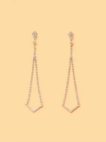FAAABULS 1pc Rhombus Rhinestone Long Chain Tassel Drop Earrings, Hollow Rhombus Frame Pendant Earrings, Women's Daily Commute Party Evening Jewelry - Rhinestones - View 7
