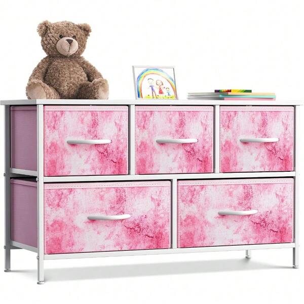 Kids Dresser With 5 Drawers - Storage Chest Organizer Unit With Steel Frame, Wood Top, Easy Pull Fabric Bins - Long Wide TV Stand For Bedroom Furniture, Hallway, Closet & Office Organization