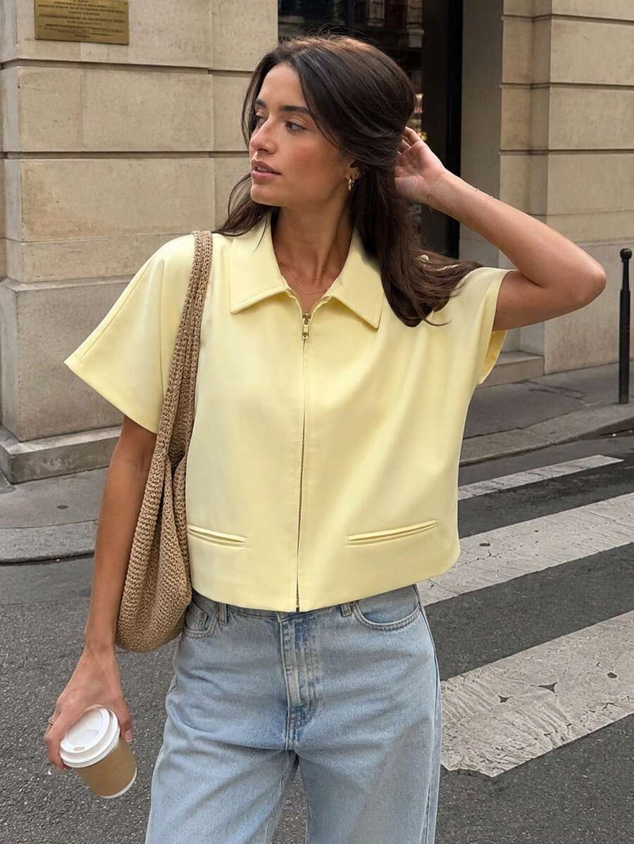 جاكيت قصير للنساء، جاكيت بومبر بأكمام قصيرة، جاكيت بسحاب أسود/أبيض/بني، ربيع/صيف/خريف أصفر - أصفر - مشاهدة 1
