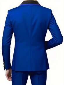 SuitGent 三件套男士高品质商务西装，纯色新郎婚礼礼服，修身休闲西装外套和裤子套装，春季款 - 寶藍色 - 查看 2
