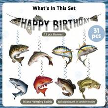 31pcs/Set Fishing Theme Birthday Decorations, Paper Fishing Party Decor, Includes Happy Birthday Banner And Fish-Shaped Hanging Rotating Decorations, Suitable For Home, Living Room, Outdoor, Perfect For Memorable Fishing Birthday Celebration - Multicolor - View 3