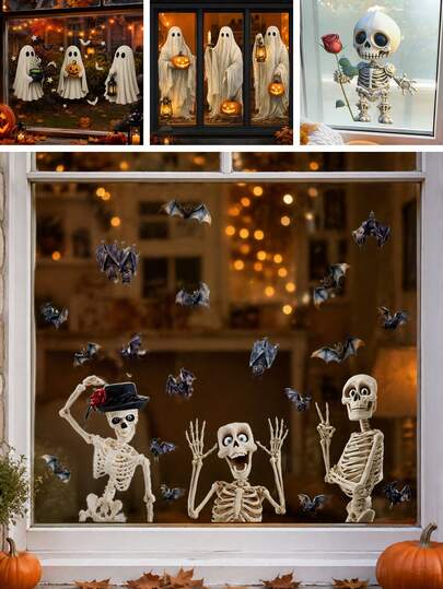 1/4/6 Sheets Halloween Skeleton Ghost Window Clings, Funny Bat Removable Glass Stickers For Kids Room Home Party Decor Static Cling