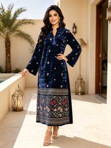 Heavy Beaded Embroidered Arabic Women's 2026 Winter Blue Elegant Dress, JALABIYA Long Sleeve Notch V-Neck, Winter Casual Party Outfit - Royal Blue - View 6