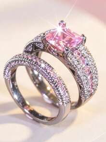 Yayi jewelry 2PCS Women's Princess Square Double-Row Sparkling Rings, Wide Main Ring Paired With Double-Layer Thin Rings, Luxury Style Stackable Rings, Bridal Wedding Rings With Novel Design, Young Girl Engagement Anniversary Gift - Pink - View 9