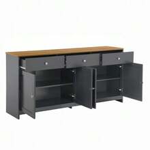 Grey And Black Sideboard With Wood Grain, Four Doors, Three Drawers, Living Room, Dining Room. Wood Color And Grey-Black - Grey - View 7