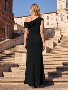 EVERPRETTY Elegant Asymmetrical Shoulder Ruffle Mermaid Black Mid-Length Evening Dress, Suitable For Formal Occasions, Evening Parties, Weddings, Guest Dress - Black - View 3