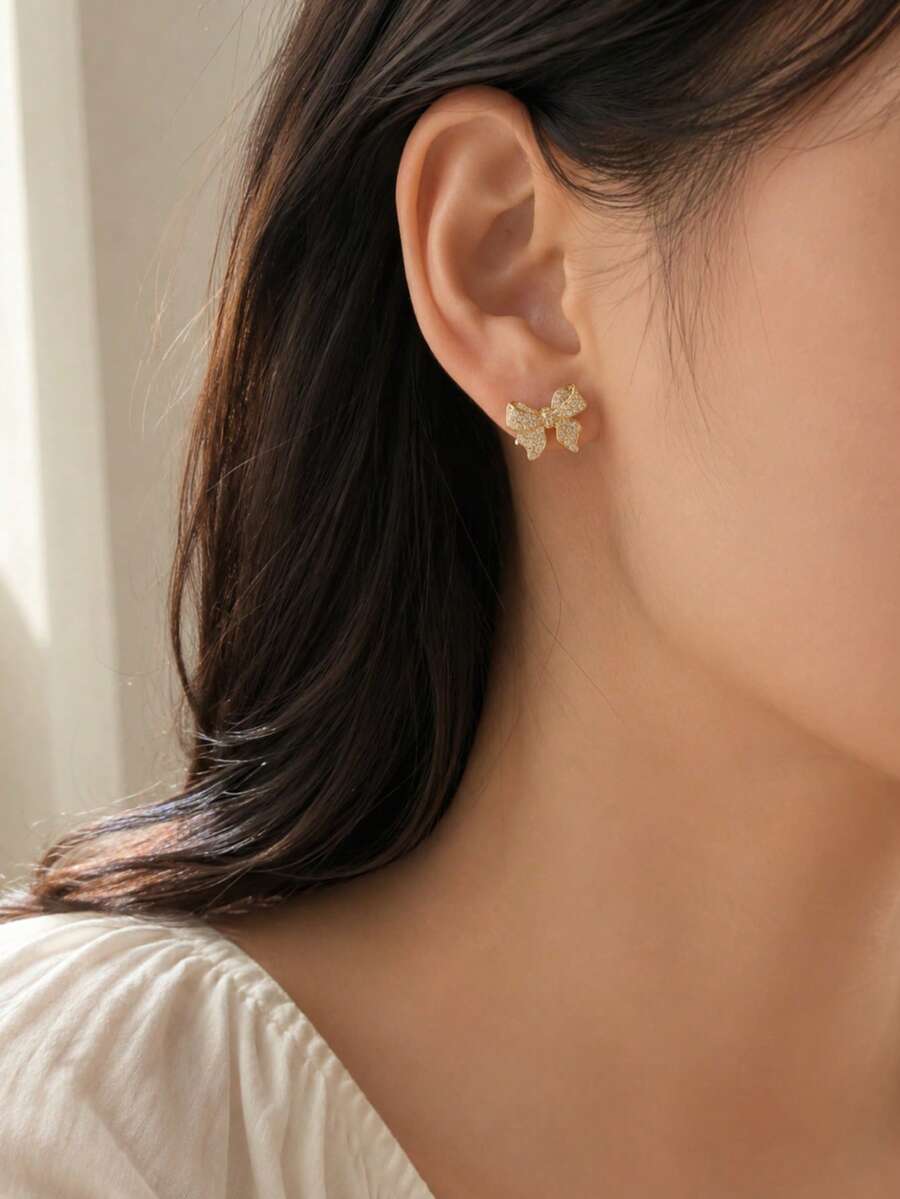 3pcs/Set Bowknot Stainless Steel Stud Earrings, 18K Gold Plated Shiny Rhinestone Bow, Textured Butterfly, Pleated Bow Earrings For Women - Yellow Gold - View 1