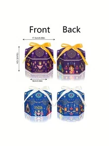 12/8pcs Diwali Party Oil Lamp, Fireworks Pattern Gift Boxes, Blue And Purple Hexagonal Gift Boxes With Yellow And White Dual-Color Ribbons, Diwali Party Decoration Boxes, Theme Party DIY Gift Boxes, Suitable For Diwali Celebration Decoration, Party Decoration, Birthday Party And Various Celebration Activities. - View 10