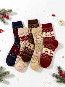 5 Pairs Christmas Reindeer Fair Isle Mid-Calf Socks, Vintage Snowflake Knit Women's Thick Terry Socks - Multicolor - View 6