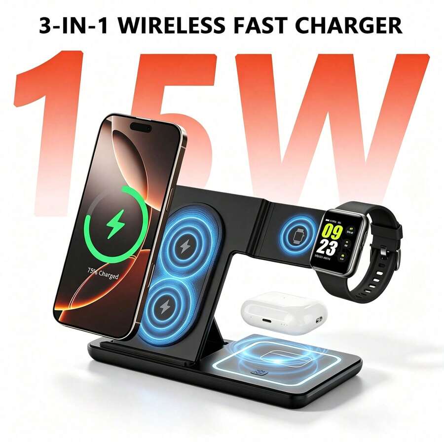 Đế sạc không dây nhanh 3 trong 1 gấp gọn 15W, tương thích với iPhone 16 15 14 13 12 11, 9 8 7 6 5 Pro, cấp nguồn qua USB - Nhiều màu - Xem 1