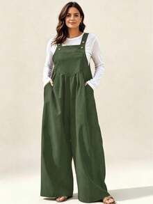 IGKEEL Plus Size Women's Pleated Wide Leg Casual Solid Color Jumpsuit With Pockets, Spring/Summer - Army Green - View 3