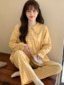 2pcs/Set Women's Pajamas Loungewear Set, Peter Pan Collar Plaid Print Korean Style Long Sleeve Long Pants, Comfortable For Home Wear - Yellow - View 2