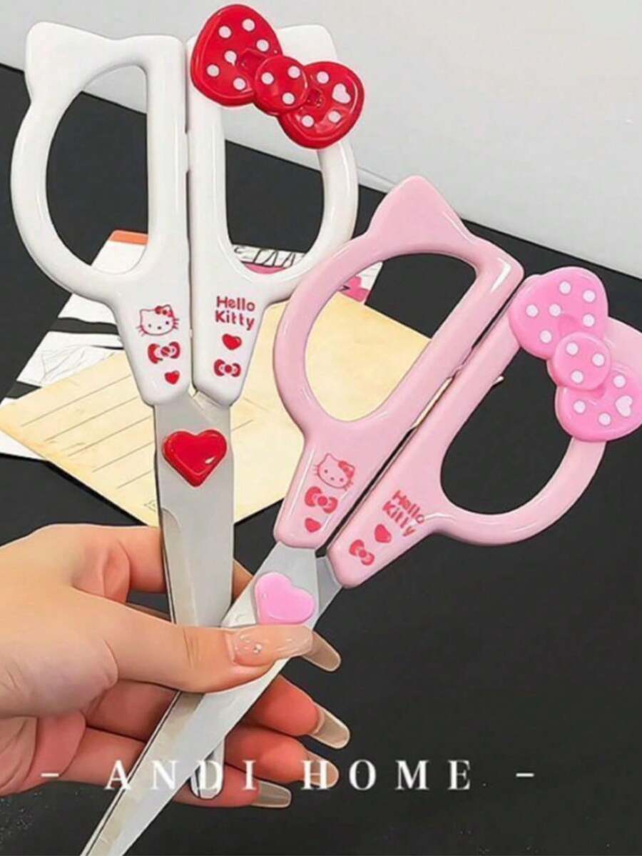 SANRIO 1pc Hello Kitty Stainless Steel Scissors, Cute Stationery Craft Scissors, Multi-Function Fabric Scissors Set, Kawaii Handmade Supplies, Plastic Material, Bow & Heart-Shaped Handle, Suitable For School And Office Use - Upgraded Version - View 1