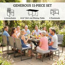 Outsunny 11 Pieces Wicker Patio Dining Set, Rattan Outdoor Furniture Set With 6 Armchairs, 4 Stools, Tempered Glass Table Top, Removable Cushions, For Backyard, Poolside, Balcony - Gris Claro - Ver 3