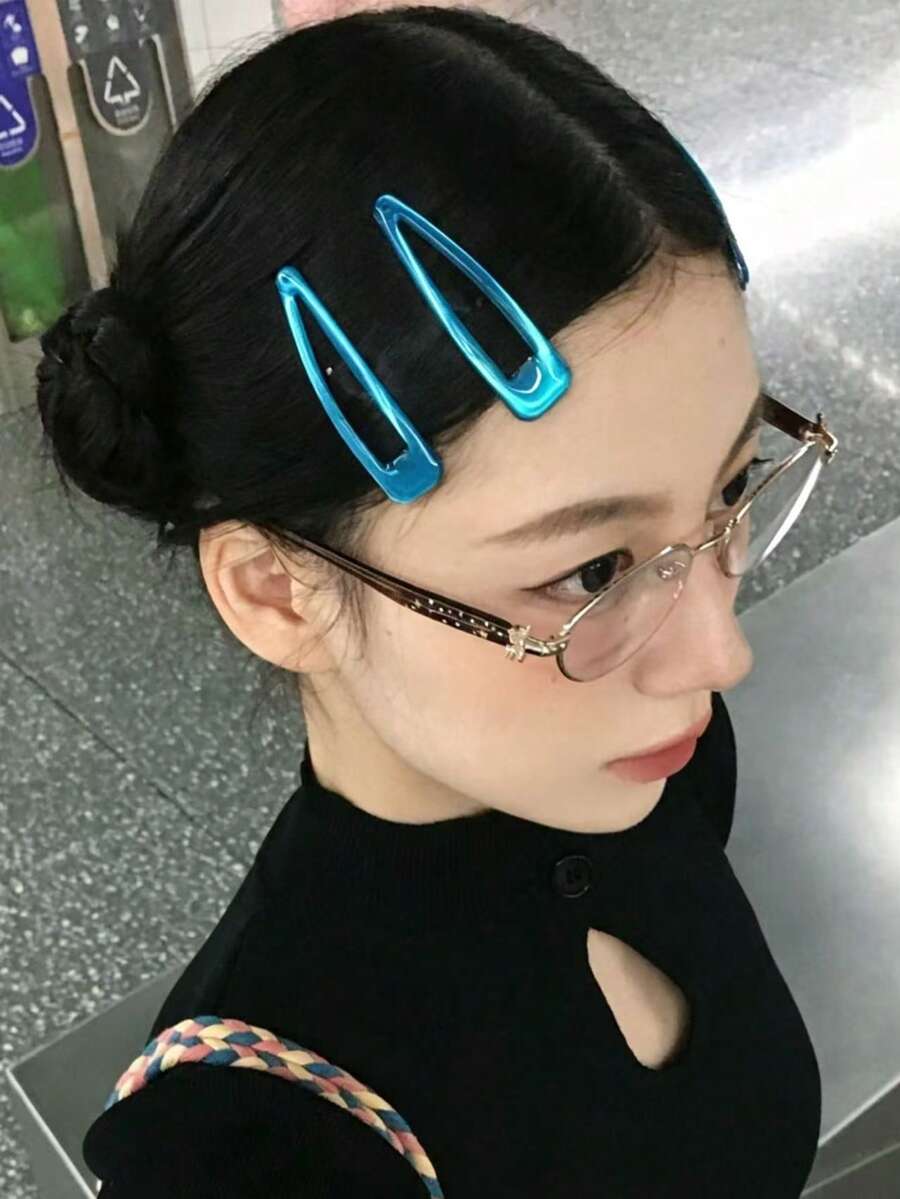 4pcs Korean Style Elegant Hair Clips, Long Oval Cat Eye Hollow BB Clips, Fashion Versatile Casual Hair Accessories - Royal Blue - View 1