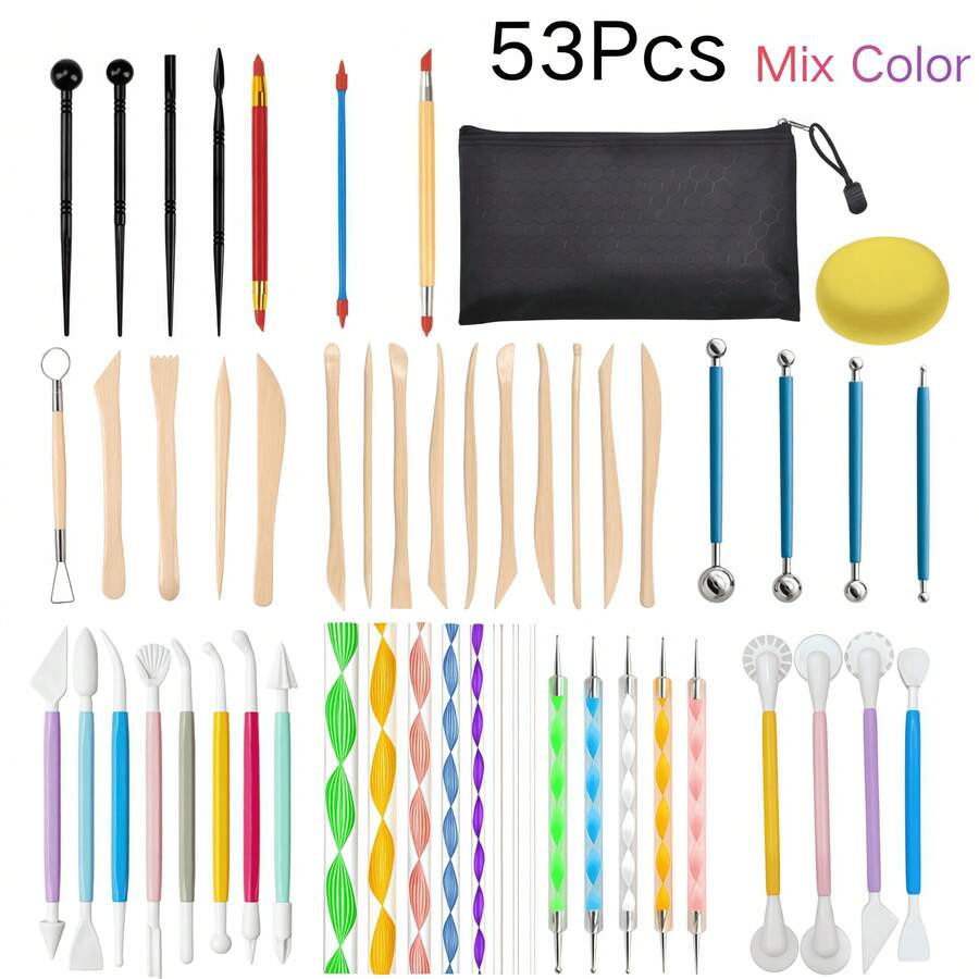 53/10/1pc Polymer Clay Sculpting Tool Set, Multicolor Pottery Carving Modeling Tools With Storage Bag & Sponge For DIY Ceramic Craft(Random Color) - Multicolor - View 1