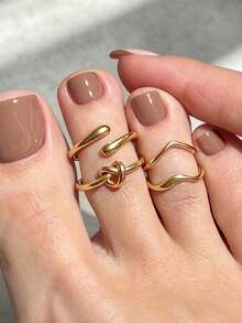 4 piezas de anillos para los dedos de los pies de metal con diseño geométrico minimalista de onda anudada, anillos versátiles y apilables de nicho - Dorado - Ver 6