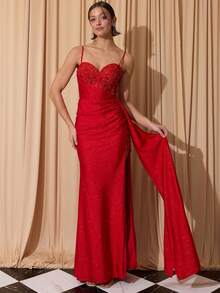 Spaghetti Strap Satin Mermaid Gown With Slit - Red - View 3