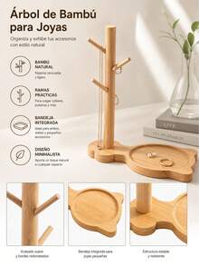 Natural Bamboo Jewelry Tree Stand With Integrated Tray For Necklaces, Bracelets And Keys, Decorative Tabletop Accessory Organizer, 29x27x15cm - Yellow - View 7