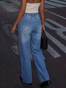 Women's Plus Size Fashion Casual Vintage Distressed Loose Straight Leg Denim Jeans Fall - Medium Wash - View 6