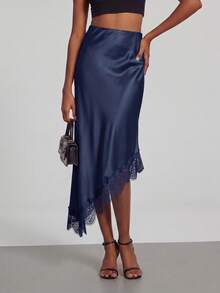Rok Asimetris Bertekstur Satin dengan Sambungan Renda Se-Helo untuk Perjalanan Harian / Sederhana dan Elegan / Nyaman dan Kasual - Navy Blue - View 3