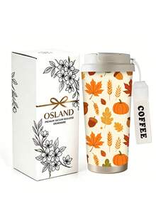 1pc/5pcs 500ml Thanksgiving Autumn Harvest Pattern Insulated Coffee Cup, With Carrying Strap, Reusable Travel Insulated Coffee Cup, Fashionable Drinking Cup, For Iced Coffee, Birthday Holiday Gift For Boyfriend, Pumpkin Maple Leaf Print, Couple Water Cup Suitable For Camping, Road Trips And Holiday Gifts - Multicolor - View 10