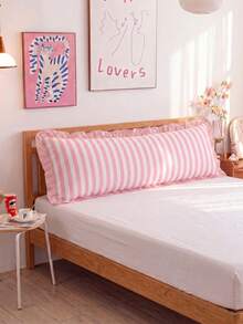 1pc Minimalist Elegant Long Pillowcase With Ruffle Edge, White Base With Pink Stripes, Soft And Comfortable Polyester Fiber Material, Suitable For Bedroom And Living Room, Essential Home Decor For All Seasons - Multicolor - View 9