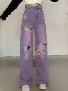 Women's Casual Loose Fit Distressed Wide Leg Jeans With Pockets (Random Stitching) Spring Fall - Purple - View 5
