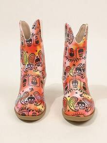 Toddler Paisley Flower Print Western Boots Vintage Chunky Heel Casual Mid-Calf Boots - Coral Orange - View 4