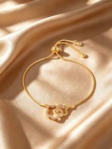 GEREIT 1pc 14k Gold Plated Copper Zirconia Flower Adjustable Pull Bracelet - Flowers - View 1
